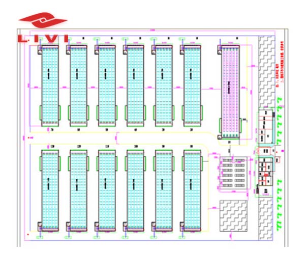 This is the design of a complete poultry farm for 600,000 broiler chicken. Every Granja de pollos de engorde has 50,000 chicken. Every Granja de pollos de engorde size is 76m*14m. The farm total size is 190m*212m . It includes: chicken house, fodder house,  disinfection zone, fecal pool, Biogas pool, customer reception area, green land and workers office.